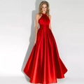 Elegant red satin A-line evening dress with halter neckline and high waist silhouette - US size 2 (S) / Red