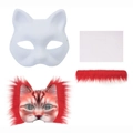 DIY white paper pulp cat mask set with orange tabby sample and red plush trim - DIY Paper Pulp Mask And Accessories (Red Set)