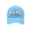Close-up of sky blue washed cotton baseball cap featuring white MAMA towel embroidery - Adjustable / Aqua