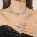 Silver teardrop rhinestone necklace and matching earrings jewelry set worn by a model - Silver Waterdrop Rhinestone Set(DTN14026754S)