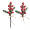 Close-up of artificial pine needles with red berries, pine cones and twine bows - 18cm Natural Color Pine Needle Branch