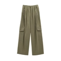 Army green wide-leg cargo pants with elastic pleated waist and decorative side zippers - Army Green Pants