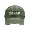 Close-up of white GRANDMA embroidery on vintage washed green cotton baseball cap - Adult(56-60cm) / Dark Green-GRANDMA