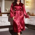 Elegant wine red silk satin long bathrobe with V-neck wrap and matching waist tie - 3XL / Burgundy