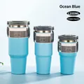 Ocean blue stainless steel insulated tumblers in 20oz, 30oz, and 40oz sizes with handles - Dual Drink Lid Ocean Blue