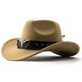 Macro detail of khaki wool felt cowboy hat with leather band and silver bull head stud - M (56-58cm) / Camel (Studded Bull Head)