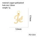 Detail view of a 17mm gold-plated copper letter Fe pendant with 2.8mm hole and dimensions - P01004-Letter Fe
