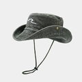 Retro washed olive green boonie hat with wave embroidery and adjustable windproof cord - One Size / Army Green