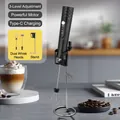 Black cordless milk frother with two whisks, charging port and metal stand for coffee - R3 Double Head with Stand / Black