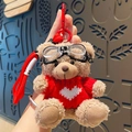 Brown plush bear keychain in red heart sweater with aviator goggles and red metal clasp - Red Sweater White Heart Bear