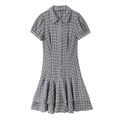 Vestido corto de cuadros con cuello clásico, botones y dobladillo de volantes en gris y blanco - XS / Cuadros
