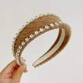 Detail of brown woven headband with dual-row sparkling rhinestones and non-slip lining - Khaki