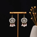 Detailed view of vintage gold wheel earrings with sparkling rhinestones and pink beads - Retro Wheel Pink Artificial Pearl Tassel Style (E4922/Pink)