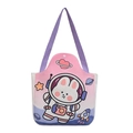 Sac fourre-tout en toile rose avec lapin astronaute mignon et anses violettes - Lapin de l'Espace / Rose Violet