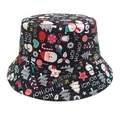 Detailed pattern of festive Santa Claus, snowman and snowflake prints on black bucket hat - M (56-58cm) / Black Christmas Print