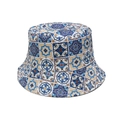 Chapeau bob bohème avec imprimé carreaux méditerranéens bleu et orange sur fond blanc - M (56-58cm) / Style de Carreaux Méditerranéens Bleu Jaune (B)