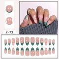 French tip almond press-on nails in nude pink and dark green with white line art Y-73 - Y-73 Pink Green Swirl French
