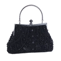 Close-up of black beaded evening bag with silver metal handle and floral sequin pattern - 1203 Black