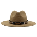 Detail of hand-woven straw fedora featuring a vintage leather band and metal ring - M (56-58cm) / Khaki