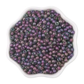 Bulk 4mm iridescent purple and green glass seed beads in a white floral petal bowl - 4mm / Iridescent Purple Green (#14 Style)