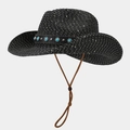 Detail of black woven straw cowboy hat with turquoise stones and adjustable wind cord - One Size / Black