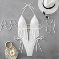Vista piatta di bikini bianco testurizzato con scollo all'americana e perlina in legno - S / Bianco