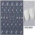 Silver metallic nail stickers featuring dark star and moon hollow designs on backing card - STZ-X031 Silver Star Moon Necklace