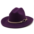Detail of dark purple wool fedora hat featuring a beige strap and gold metal buckle - M(56-58cm) / Purple