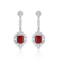 Boucles d'oreilles pendantes en argent S925 avec rubis rectangulaire et halo de zircon - Argent 925 / Rubis de laboratoire