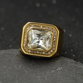 Macro view of gold signet ring with large rectangular zircon and micro-pave setting - US 7 / White Gemstone / Gold