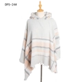 Plaid hooded poncho in grey, white and pink knit with fringe trim on mannequin - Light Gray
