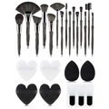Set trucco professionale da 24 pezzi con 15 pennelli, spugnette e accessori in nero opaco - Pennelli Caffè + Piumino + Spugnetta Trucco + Pennello Maschera