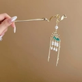 Épingle à cheveux chinoise avec fleur dorée, émail vert et glands en perles - Pompon Perle Émail Bâton De Vague Doré (37#)