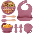 8-piece dusky pink food-grade silicone baby feeding set with suction plate and wooden utensils - Brick Red-8Pcs Set
