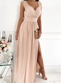 Detail of V-neck sleeveless apricot dress with lace shoulder cutout and pleated high waist - S / Beige