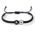 Handmade black woven rope bracelet featuring a white letter A bead and red heart charm - Letter A-White Red Heart