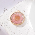 Pink daisy dried flower pendant with gold metal frame and foil flakes for DIY jewelry - Gold Foil Pink Daisy
