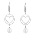Elegant silver stainless steel hollow hoop earrings with heart design and white pearl drop - Silver Heart (KE80012-GC)