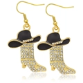 Western cowboy boot earrings with black hat and white zircons in gold finish - Style 11 (Black Hat Gold Boot)