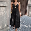 Elegant black spaghetti strap maxi dress with V-neck and tiered ruffle cake skirt - S / Black