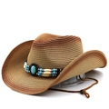 Détail d'un chapeau de cowboy en paille avec bande de perles turquoise et mentonnière - Style Dégradé Avec Bande Turquoise / Khaki Rouge Rouille