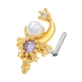 Golden crescent moon L-shaped nose stud with white pearl and purple gemstone inlay - BD00549 Gold/Moon Pearl Scorpion
