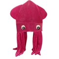 Detail shot of a pink plush squid hat with large cartoon eyes and hanging tentacles - Rose Red
