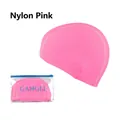 Pink nylon swim cap for adults with durable stitching and blue zipper pouch packaging - Nylon Pink (PE Bag)