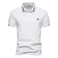 Detailed view of white cotton polo shirt collar with three buttons and embroidered logo - S / White
