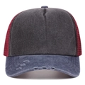Vintage gewaschene Trucker-Kappe mit abgenutztem Denim-Schirm und rotem Mesh-Einsatz - Verstellbar / Grauschwarz und Blau