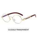 Retro round gold metal sunglasses with dark wood grain textured temples and clear lenses - Gold Frame Clear Lens