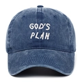 Dark blue washed denim baseball cap featuring white GOD'S PLAN 3D embroidery on front - Navy Blue
