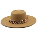 Detail of camel wool fedora hat featuring a chunky rose gold chain decoration - M (56-58cm) / Camel