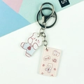 Cute acrylic bear keychain with blue overalls pendant and rectangle graphic charm - Blue Overalls Bear Style (Double Button No. 5)